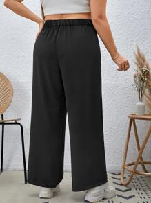 SHEIN Essnce Plus High Waist Plicated Detail Straight Leg Trousers - Black - View 2