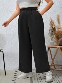 SHEIN Essnce Plus High Waist Plicated Detail Straight Leg Trousers - Black - View 3
