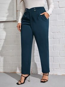 SHEIN LUNE 大碼高腰斜口袋長褲 - 水鴨藍 - 查看 5