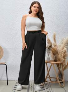 SHEIN Essnce Plus High Waist Plicated Detail Straight Leg Trousers - Black - View 5