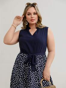 SHEIN Unity Vestido con cinturón con estampado de lunares - Azul Marino - Ver 4