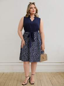SHEIN Unity Vestido con cinturón con estampado de lunares - Azul Marino - Ver 5