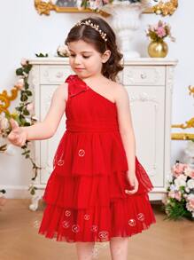 SHEIN Đầm bé gái Nơ Bướm phân lớp Dây kéo màu trơn Buổi tiệc - Đỏ - Xem 7