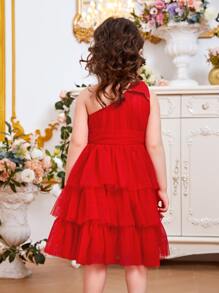 SHEIN Đầm bé gái Nơ Bướm phân lớp Dây kéo màu trơn Buổi tiệc - Đỏ - Xem 3