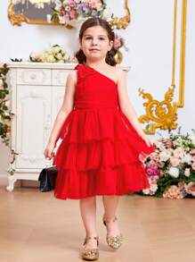 SHEIN Đầm bé gái Nơ Bướm phân lớp Dây kéo màu trơn Buổi tiệc - Đỏ - Xem 2