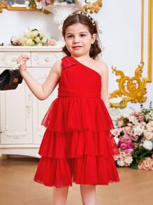 SHEIN Đầm bé gái Nơ Bướm phân lớp Dây kéo màu trơn Buổi tiệc - Đỏ - Xem 9