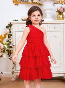 SHEIN Đầm bé gái Nơ Bướm phân lớp Dây kéo màu trơn Buổi tiệc - Đỏ - Xem 5