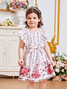 SHEIN 小女童印花荷葉邊繫腰帶洋裝