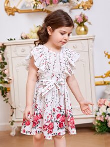 SHEIN 小女童印花荷葉邊繫腰帶洋裝