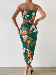 Chiquease Floral Print Cami Top & Drawstring Split Thigh Skirt - Green - View 2