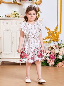 SHEIN 小女童印花荷葉邊繫腰帶洋裝