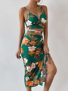 Chiquease Floral Print Cami Top & Drawstring Split Thigh Skirt - Green - View 6