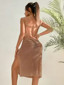 SHEIN Swim Áo che Nữ Chia màu trơn - Màu Khaki - Xem 2