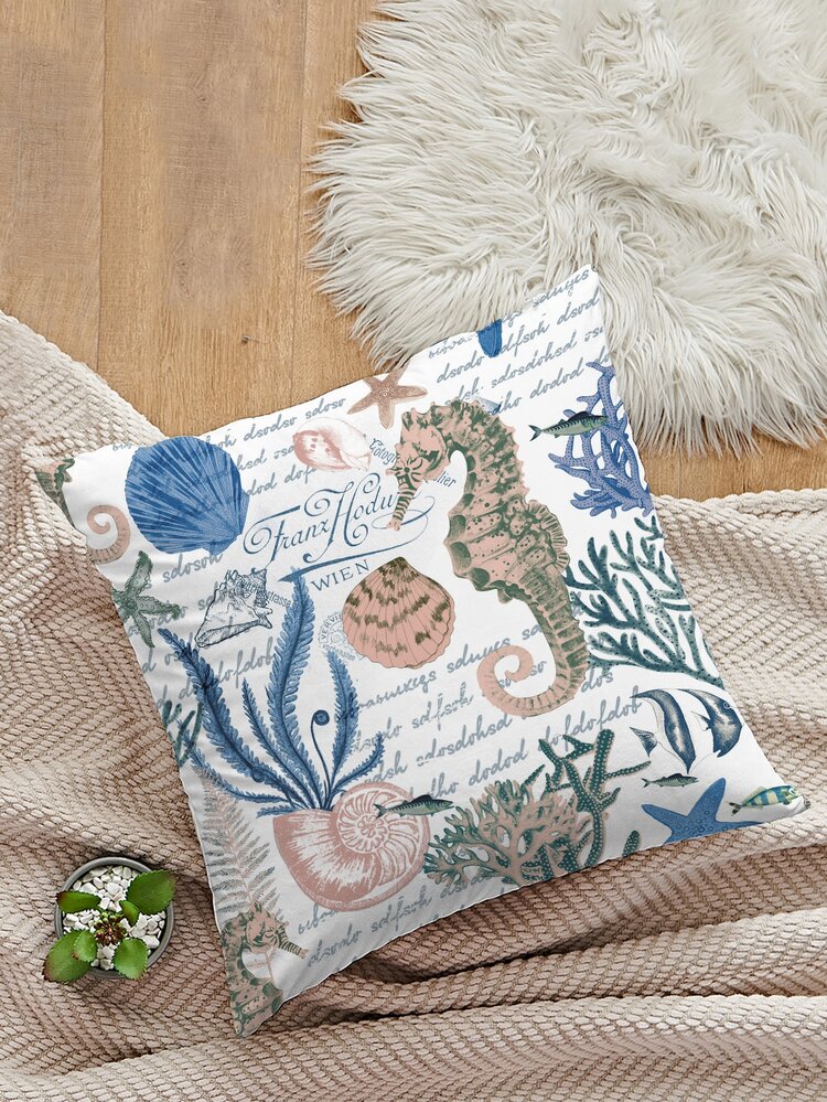 1pc Seahorse & Shell Pattern Decorative Throw Pillow Case, Modern Woven Fabric Cushion Cover For Living Room, Home Decor - Multicolor - View 1