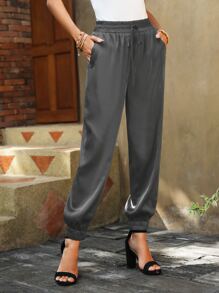 SHEIN Clasi 素色腰部抽繩斜口袋長褲 - 深灰色 - 查看 1