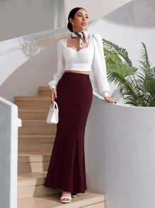 Firerie Solid Mermaid Hem Skirt - Burgundy - View 5