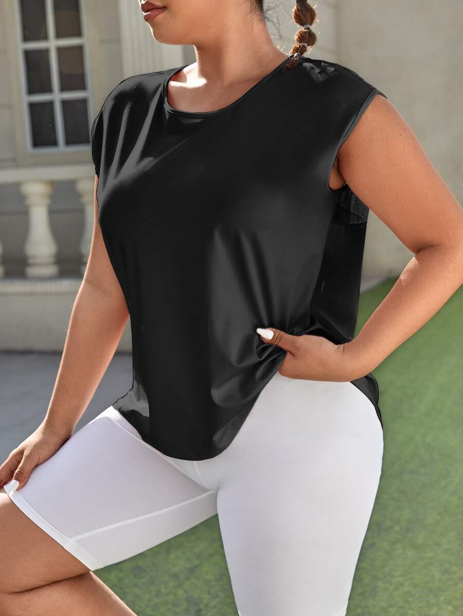 Plus Solid Batwing Sleeve Sports Tee - Black - View 1