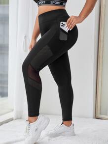 Easithlete Plus Size Mesh Insert Wideband Waist Sports Leggings With Phone Pocket Yoga Women Pants - Black - View 1