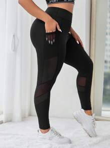 Easithlete Plus Size Mesh Insert Wideband Waist Sports Leggings With Phone Pocket Yoga Women Pants - Black - View 4