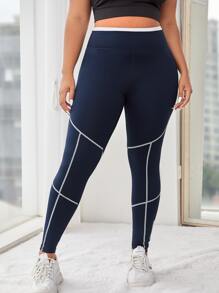 SHEIN Daily&Casual 大碼頂針寬腰帶運動打底褲 - 藏蓝色 - 查看 2