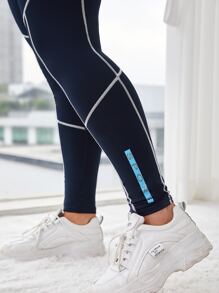 SHEIN Daily&Casual 大碼頂針寬腰帶運動打底褲 - 藏蓝色 - 查看 6