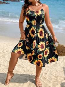 SHEIN Holidaya Plus Sunflower Print Cami Dress - Multicolor - View 5