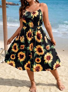 SHEIN Holidaya Plus Sunflower Print Cami Dress - Multicolor - View 1