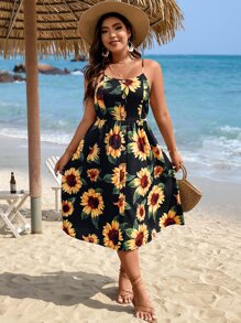SHEIN Holidaya Plus Sunflower Print Cami Dress - Multicolor - View 4