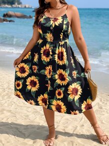 SHEIN Holidaya Plus Sunflower Print Cami Dress - Multicolor - View 8