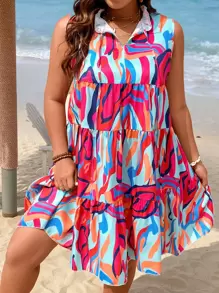 Breezaya Đầm Plus Size viền lá sen Thắt nơ trước Tất cả trên in Boho - Nhiều màu - Xem 4