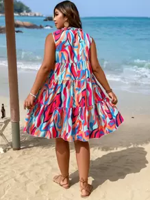 Breezaya Đầm Plus Size viền lá sen Thắt nơ trước Tất cả trên in Boho - Nhiều màu - Xem 2
