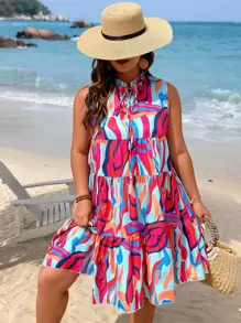 Breezaya Đầm Plus Size viền lá sen Thắt nơ trước Tất cả trên in Boho - Nhiều màu - Xem 5