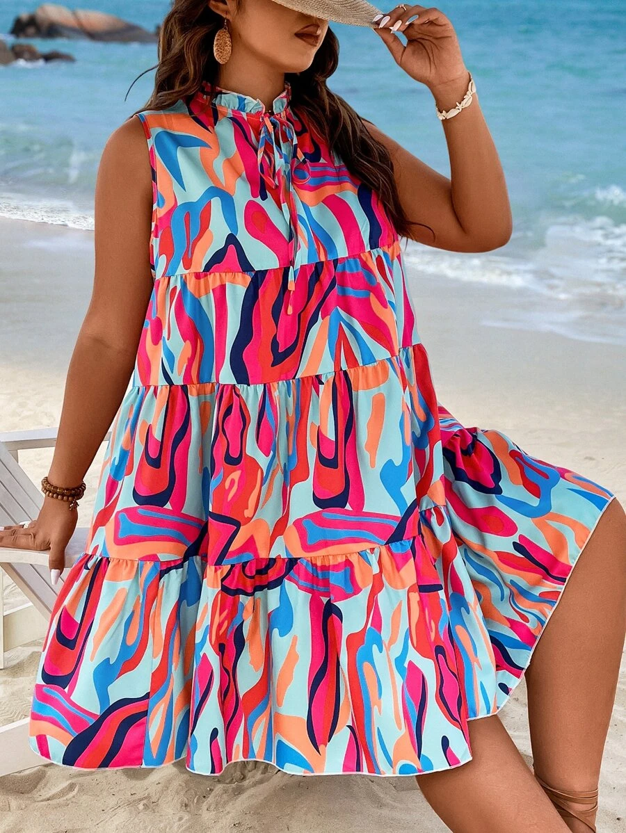 Breezaya Đầm Plus Size viền lá sen Thắt nơ trước Tất cả trên in Boho - Nhiều màu - Xem 1