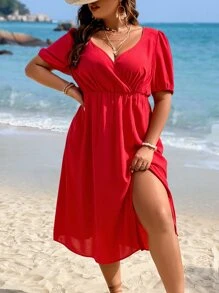 SHEIN LUNE Plus Solid Wrap Detail Split Thigh Dress - Red - View 1