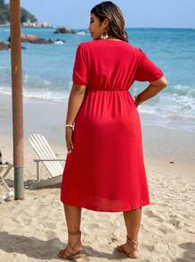 SHEIN LUNE Plus Solid Wrap Detail Split Thigh Dress - Red - View 2
