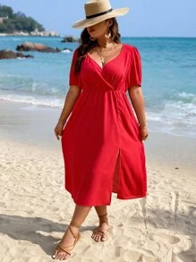 SHEIN LUNE Plus Solid Wrap Detail Split Thigh Dress - Red - View 3
