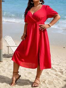 SHEIN LUNE Plus Solid Wrap Detail Split Thigh Dress - Red - View 5