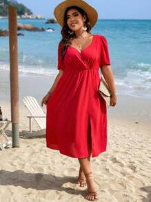 SHEIN LUNE Plus Solid Wrap Detail Split Thigh Dress - Red - View 6
