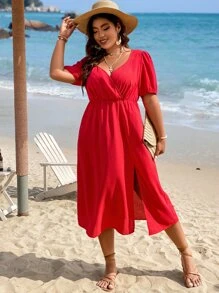 SHEIN LUNE Plus Solid Wrap Detail Split Thigh Dress - Red - View 7