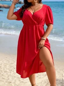 SHEIN LUNE Plus Solid Wrap Detail Split Thigh Dress - Red - View 8