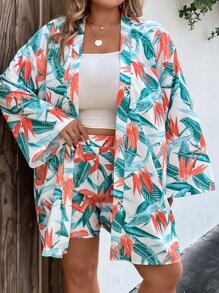 SHEIN Holidaya Plus Tropical Print Kimono & Shorts - Multicolor - View 3