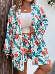 SHEIN Holidaya Plus Tropical Print Kimono & Shorts - Multicolor - View 5