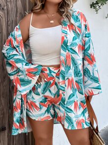 SHEIN Holidaya Plus Tropical Print Kimono & Shorts - Multicolor - View 6