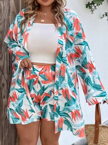 SHEIN Holidaya Plus Tropical Print Kimono & Shorts - Multicolor - View 7