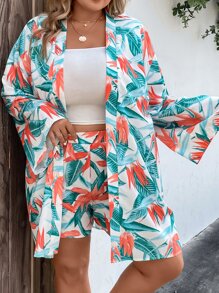 SHEIN Holidaya Plus Tropical Print Kimono & Shorts - Multicolor - View 8