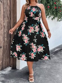 SHEIN LUNE Plus Floral Print Halter Neck Backless Dress - Black - View 4