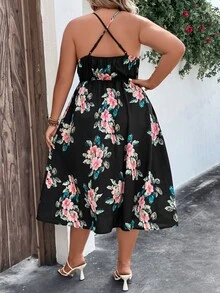 SHEIN LUNE Plus Floral Print Halter Neck Backless Dress - Black - View 2