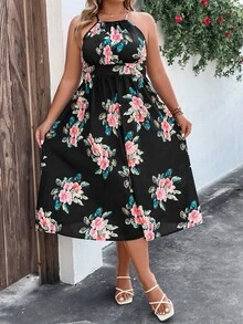 SHEIN LUNE Plus Floral Print Halter Neck Backless Dress - Black - View 6