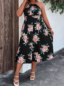 SHEIN LUNE Plus Floral Print Halter Neck Backless Dress - Black - View 7