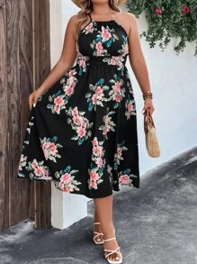 SHEIN LUNE Plus Floral Print Halter Neck Backless Dress - Black - View 1